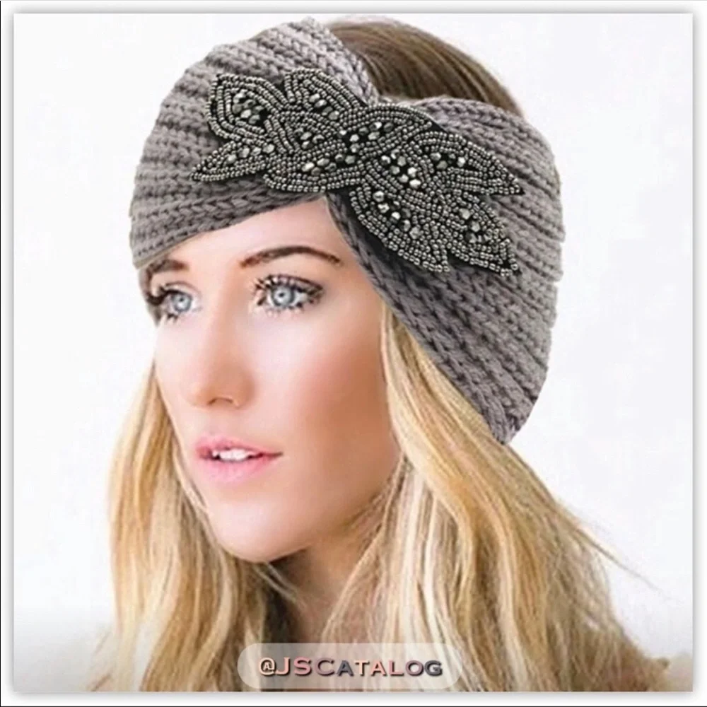 WIDE BEADED WINTER WOOL BLEND KNIT HEADBAND IVORY CREAM NEW IN PACKAGE